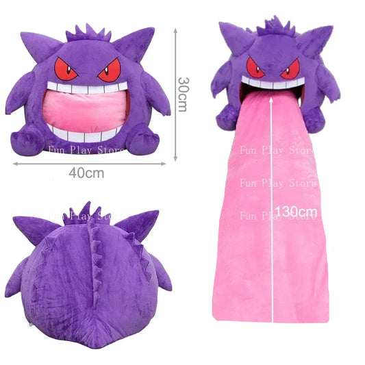 Purple Gengar plush with red eyes, white teeth, and a wide-open mouth showing a long pink tongue that functions as a blanket.
