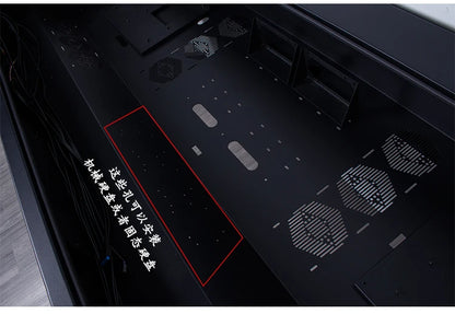 Black metal computer chassis interior with fan vents and mounting holes. Red outline highlights a storage area.