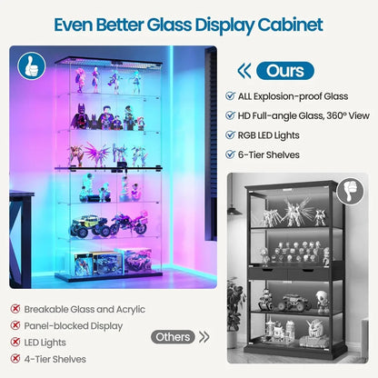 Black 70-inch, 6-tier glass display cabinet with colorful RGB LED lights holding various action figures and toys.
