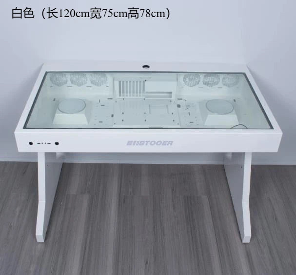 A white desk with a glass top, housing two internal computer chassis sections with fans and components inside.