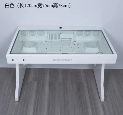 A white desk with a glass top, housing two internal computer chassis sections with fans and components inside.