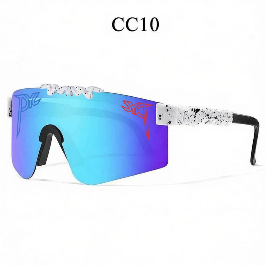 Sport sunglasses with blue-to-purple gradient lenses, white-and-black speckled frames, and white text reading CC10.