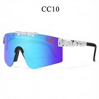 Sport sunglasses with blue-to-purple gradient lenses, white-and-black speckled frames, and white text reading CC10.