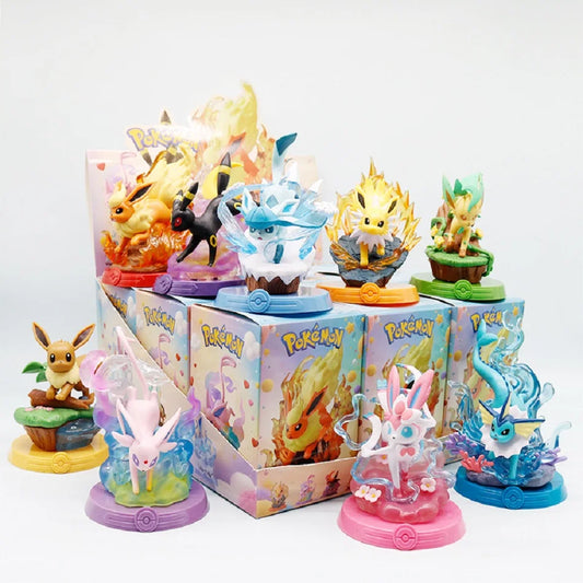 A collection of colorful Eeveelution Pokémon figures on decorative bases, displayed with their blind boxes.