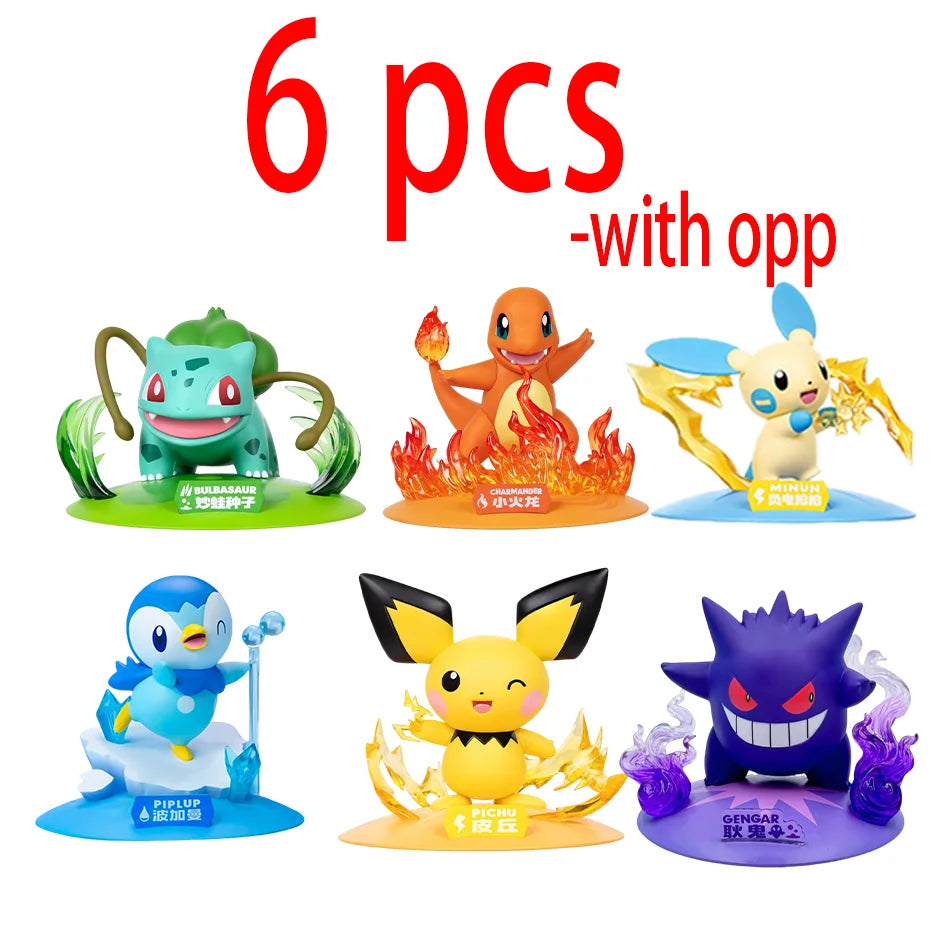 Six Pokemon action figures on stands: Bulbasaur, Charmander, Minun, Piplup, Pichu, and Gengar.
