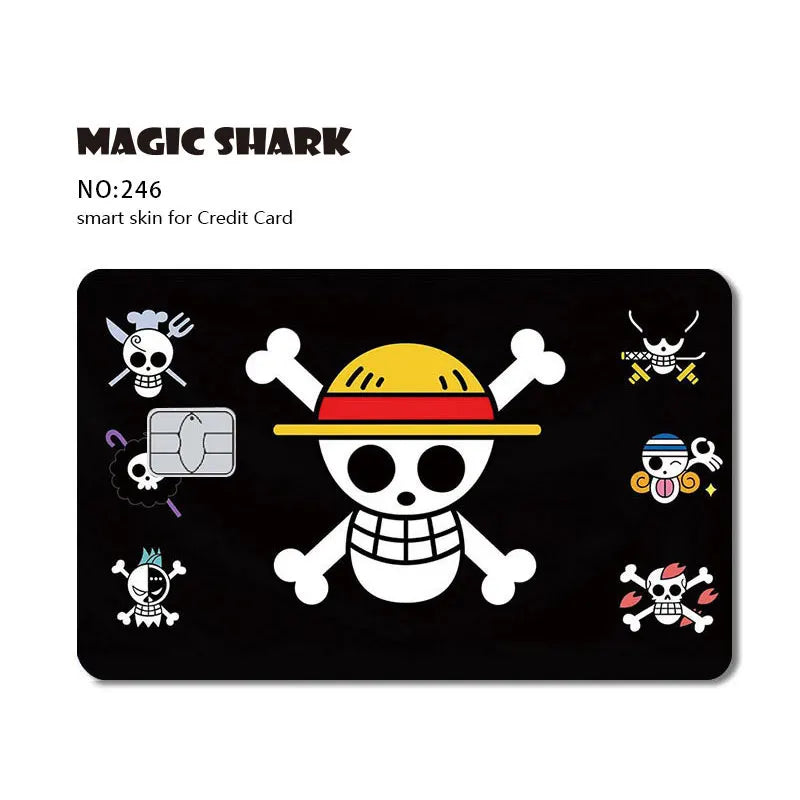 Black card skin features a white skull and crossbones wearing a straw hat, with smaller character icons surrounding it.