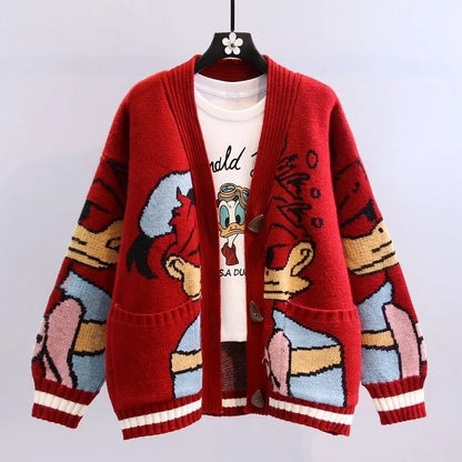 Spring/Autumn Cartoon-print Jacquard Jumper Loose-fitting Relaxed-fit Knitted Cardigan