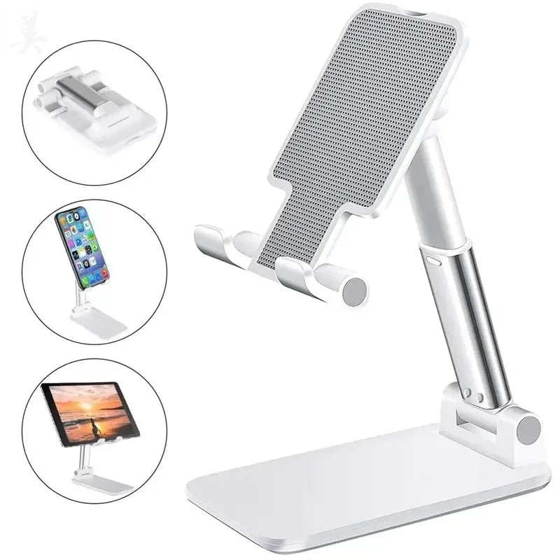 White and silver adjustable desk stand for phones and tablets, shown folded and holding a phone and tablet.