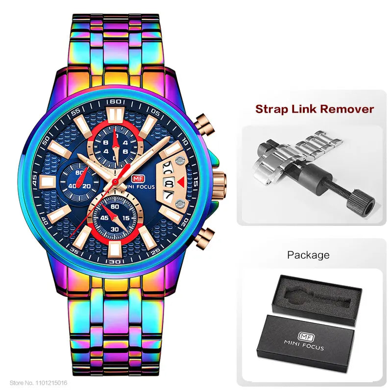MINI FOCUS Motley Watches for Men Fashion Sport Chronograph Quartz Wristwatch with Date Luminous Hands Stainless Steel Strap Man