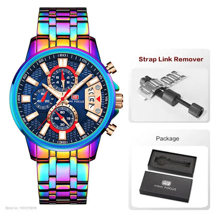 MINI FOCUS Motley Watches for Men Fashion Sport Chronograph Quartz Wristwatch with Date Luminous Hands Stainless Steel Strap Man
