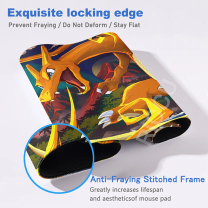 Charizard desk mat features an orange, winged dragon over a fiery red and dark landscape, with a stitched black edge.