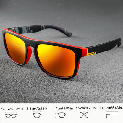 Sporty polarized sunglasses with black and red frames and reflective orange-yellow lenses.