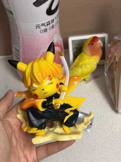 Pikachu-style Agatsuma Zenitsu figurine in black and yellow, wielding a sword with lightning effects.