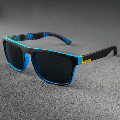 Black polarized sunglasses with blue frames and temples, featuring "Polarized" in yellow text.