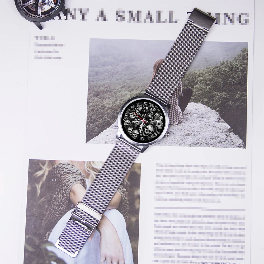 Skeleton Skull Dial Gentleman Quartz Watch Men Personalized Wristwatch Black Fashion Souvenir Gift For Male Friend Husband