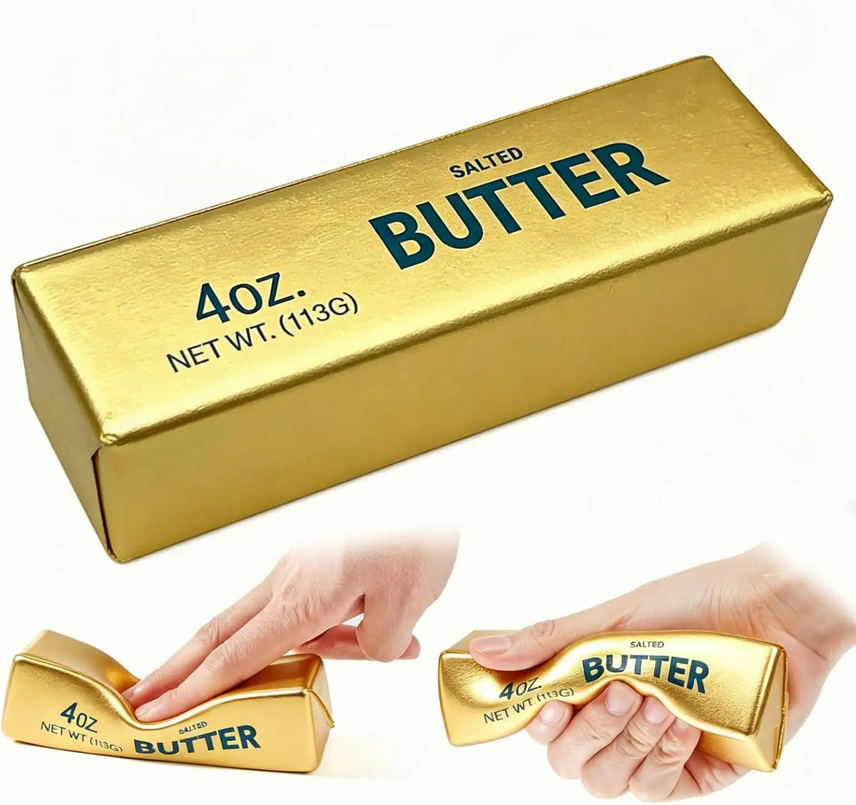 A gold stick of salted butter labeled "4oz. NET WT. (113G) SALTED BUTTER," shown being squeezed.