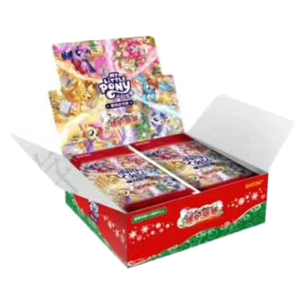 An open red and green display box filled with colorful My Little Pony trading card packs.