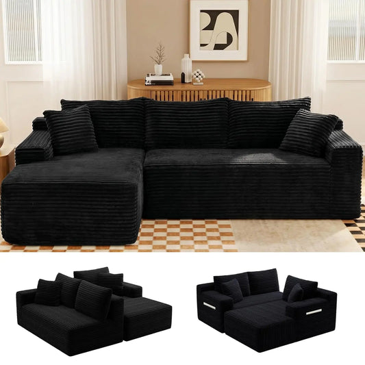 Black corduroy L-shaped sectional sofa with matching throw pillows and separate modular layouts below.