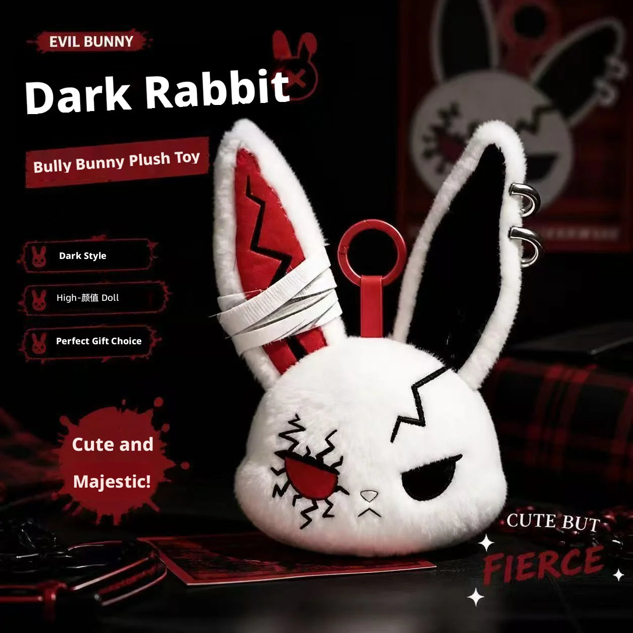 Gothic Bunny Plush Keychain Rabbit Bag Charm with Bandage Design Kawaii Key Ring Pendant Car Bag Ornament Gift