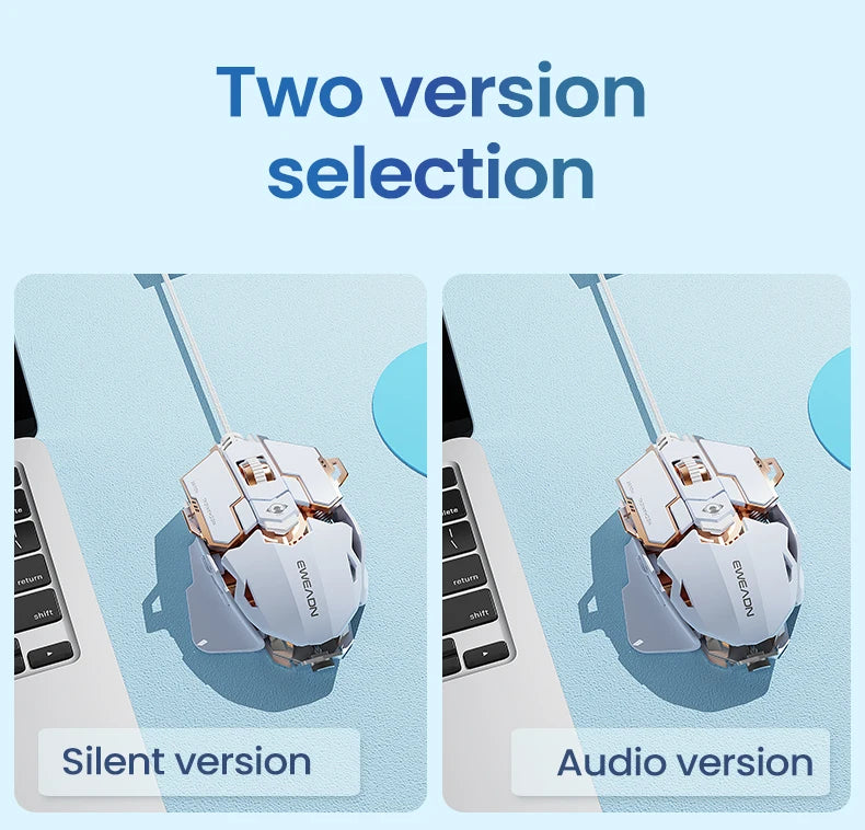 Two white and gold gaming mice on a blue background, labeled "Silent version" and "Audio version".