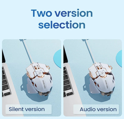 Two white and gold gaming mice on a blue background, labeled "Silent version" and "Audio version".
