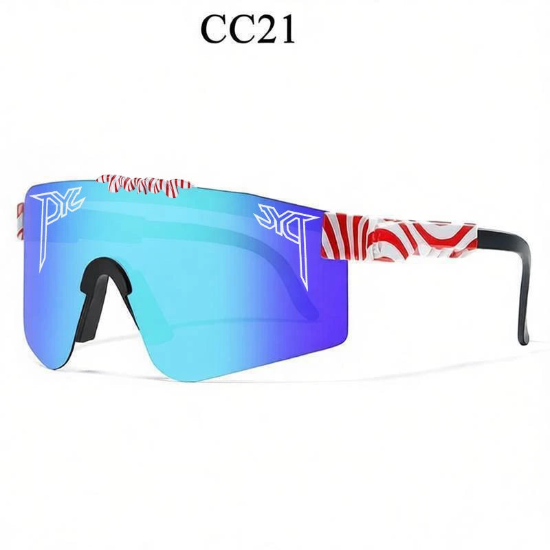 Sport sunglasses with blue-to-purple gradient lenses, red-and-white swirl temples, and white logos.