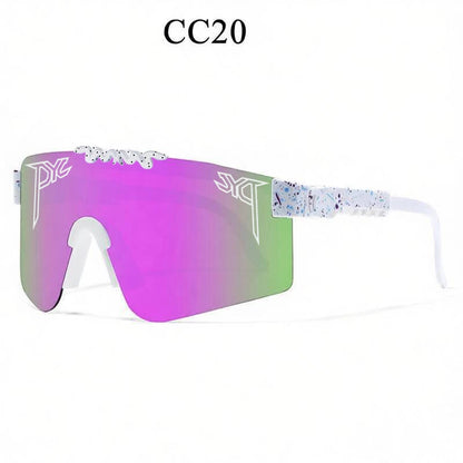 Sport sunglasses with pink and green gradient lenses and white frames featuring blue paint splatters.
