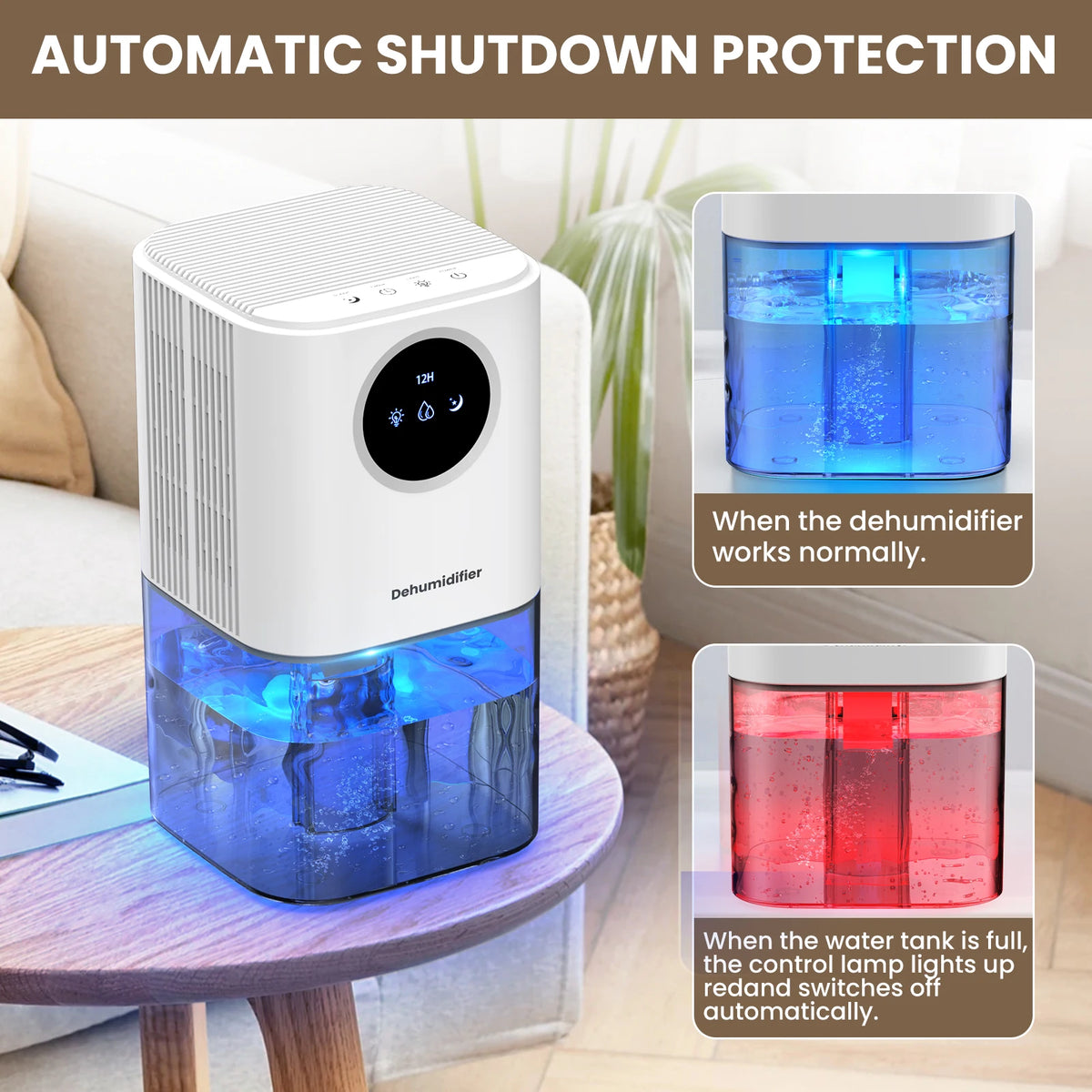White portable dehumidifier with blue glowing water tank, on wooden table. Insets show blue and red lights for tank status.