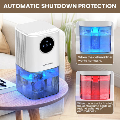 White portable dehumidifier with blue glowing water tank, on wooden table. Insets show blue and red lights for tank status.