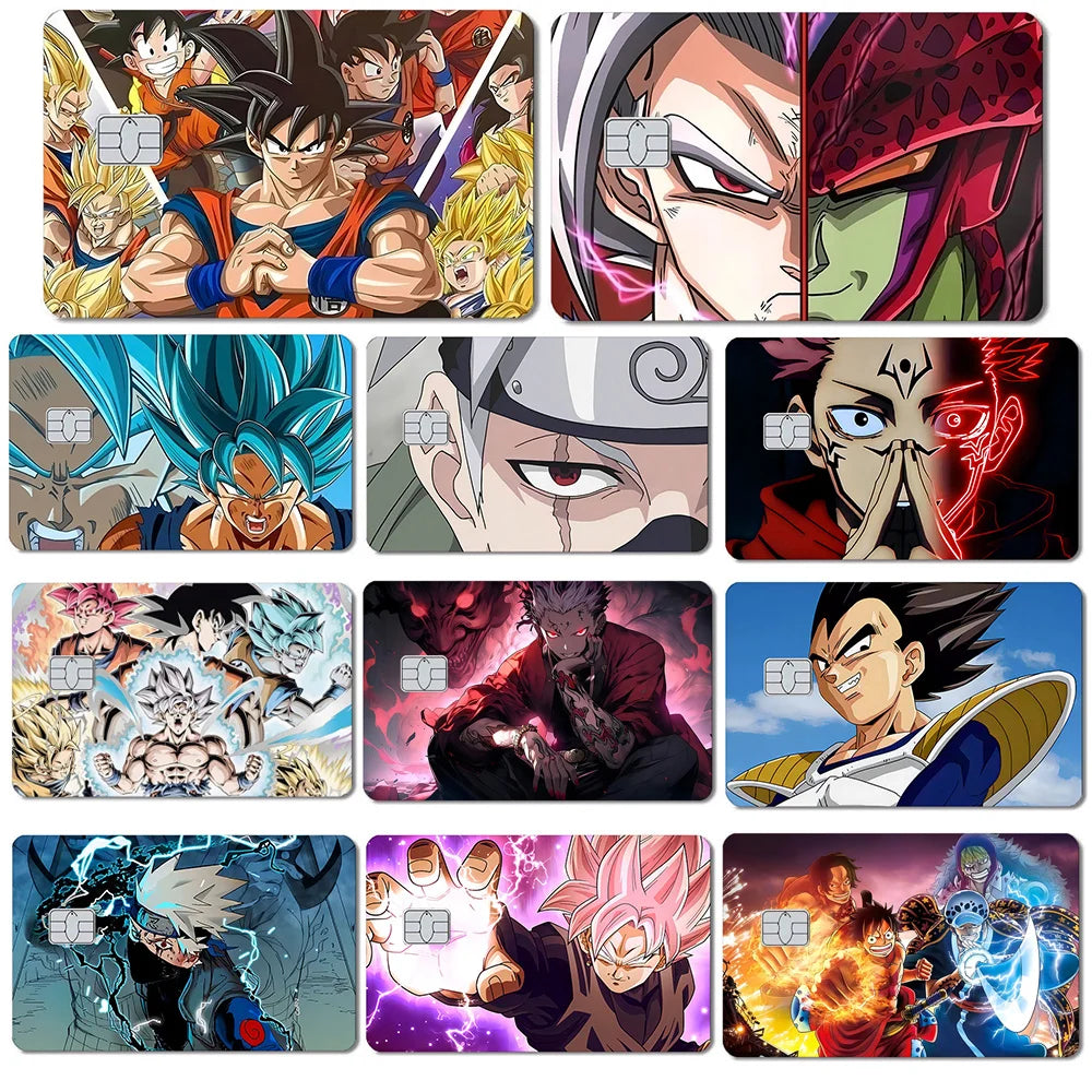 Anime-themed matte PVC credit card skins featuring Dragon Ball and Naruto characters.