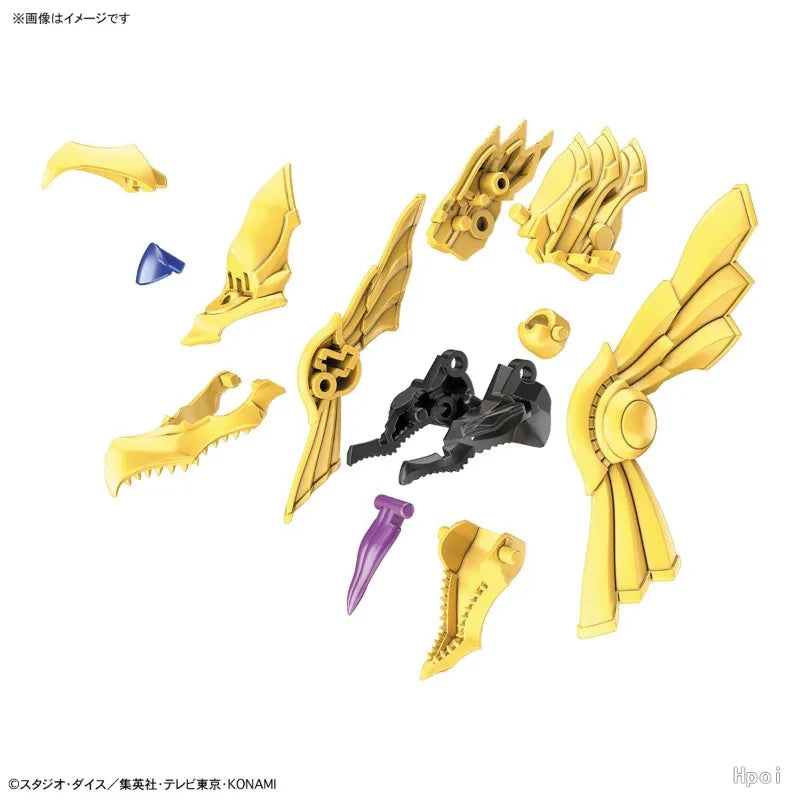 Gold, black, and purple plastic model kit pieces arranged on a white background.