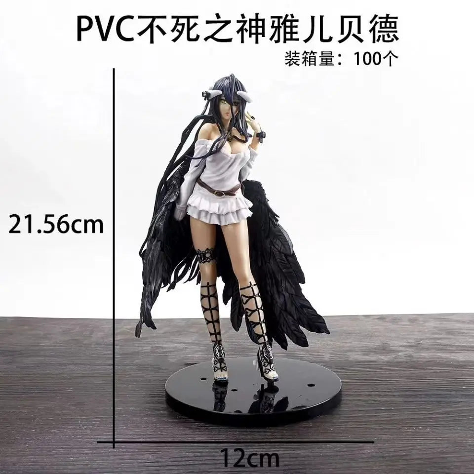 An Albedo anime figure in a white dress with black wings and strappy boots on a round black base.