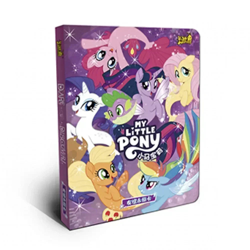 My Little Pony card collection box featuring colorful ponies and Spike against a purple, sparkly background.