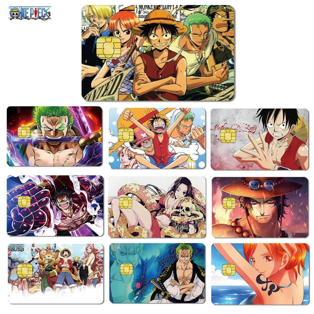 Ten One Piece anime credit card skins featuring colorful Luffy, Zoro, Nami, and Ace character designs.