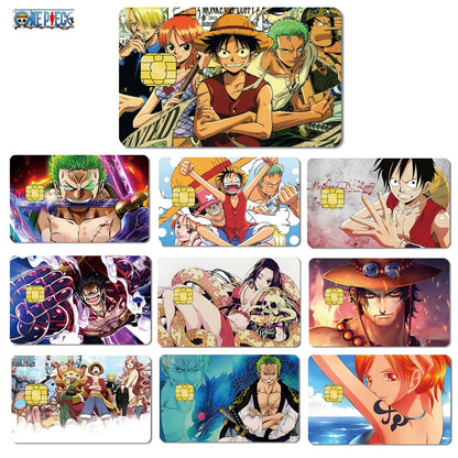 Ten One Piece anime credit card skins featuring colorful Luffy, Zoro, Nami, and Ace character designs.
