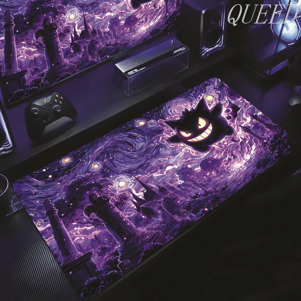 An XXL mouse pad in purple hues, featuring Gengar floating above a starry, swirling night sky and ancient ruins.