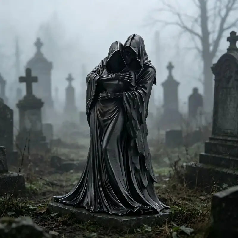 A dark, hooded resin statue of two figures embracing in a foggy cemetery with headstones.