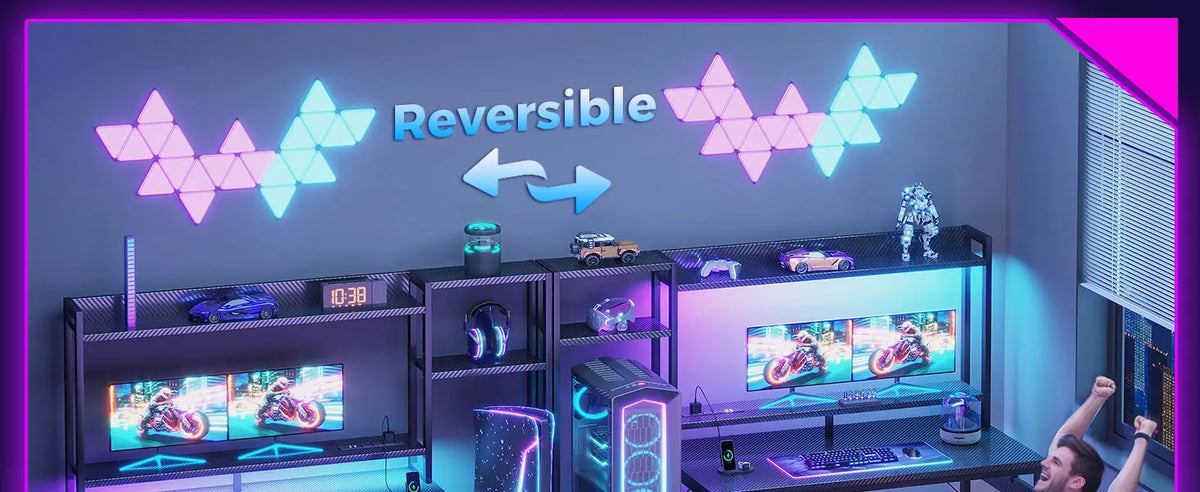Two configurations of the Casaottima 48-inch reversible gaming desk with monitors, LED lights, hutch, and accessories.