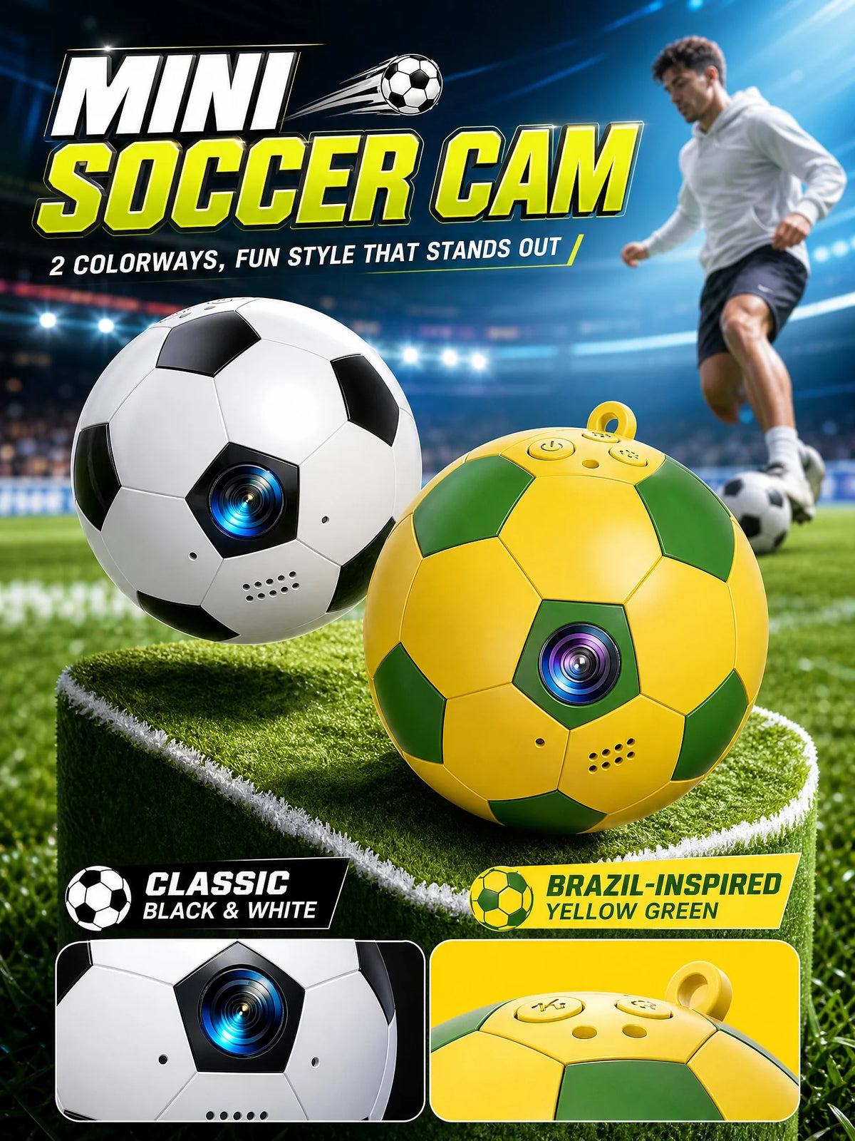 Two soccer ball-shaped cameras: one black and white, the other yellow and green, displayed on a turf surface.