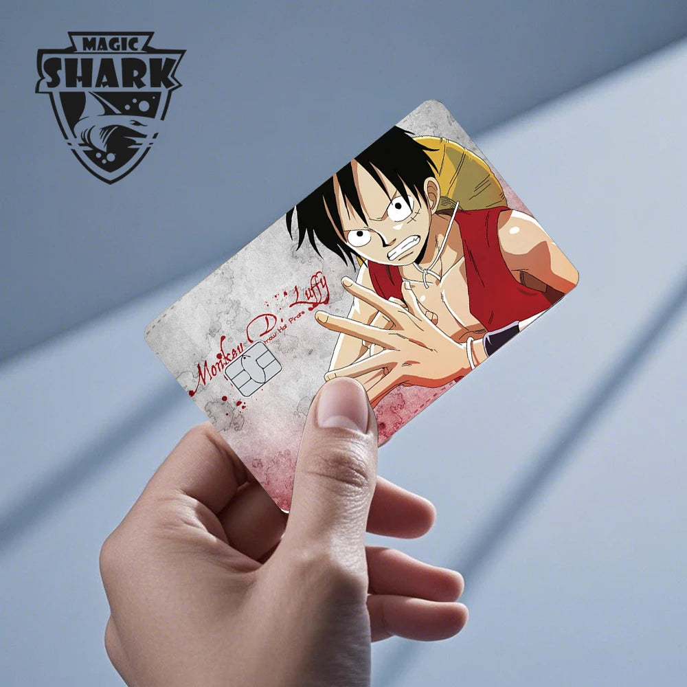 Anime card skin featuring Monkey D. Luffy, with red vest, straw hat, and red text on a grey background.