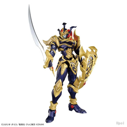 Purple and gold armored action figure holding a curved silver sword and ornate shield.