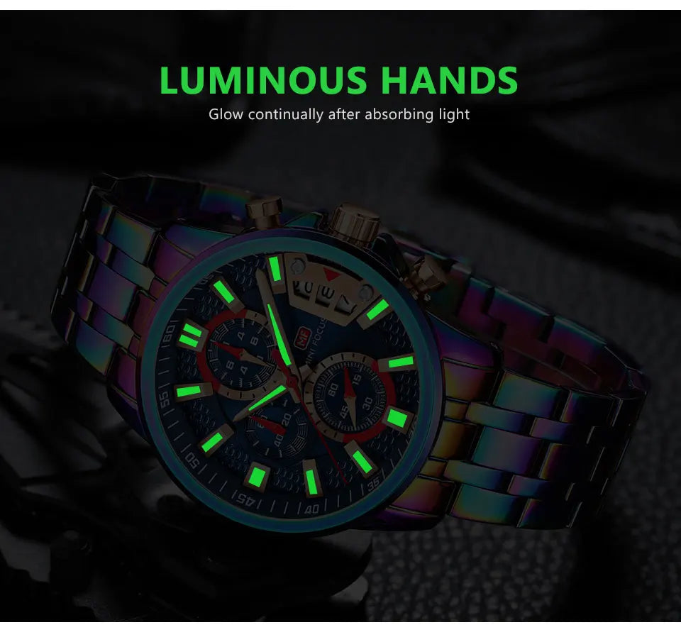 MINI FOCUS Motley Watches for Men Fashion Sport Chronograph Quartz Wristwatch with Date Luminous Hands Stainless Steel Strap Man