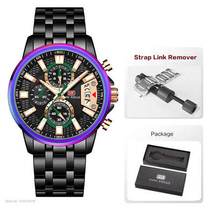 MINI FOCUS Motley Watches for Men Fashion Sport Chronograph Quartz Wristwatch with Date Luminous Hands Stainless Steel Strap Man