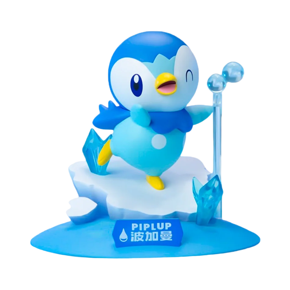 Piplup figurine on an icy base with blue crystals and a nameplate reading "PIPLUP 波加曼".