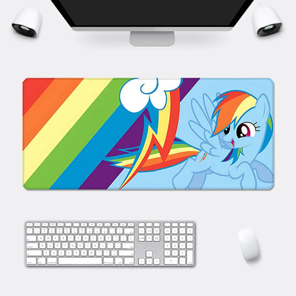 Rainbow Dash mousepad with rainbow stripes and a lightning cloud against a blue background.