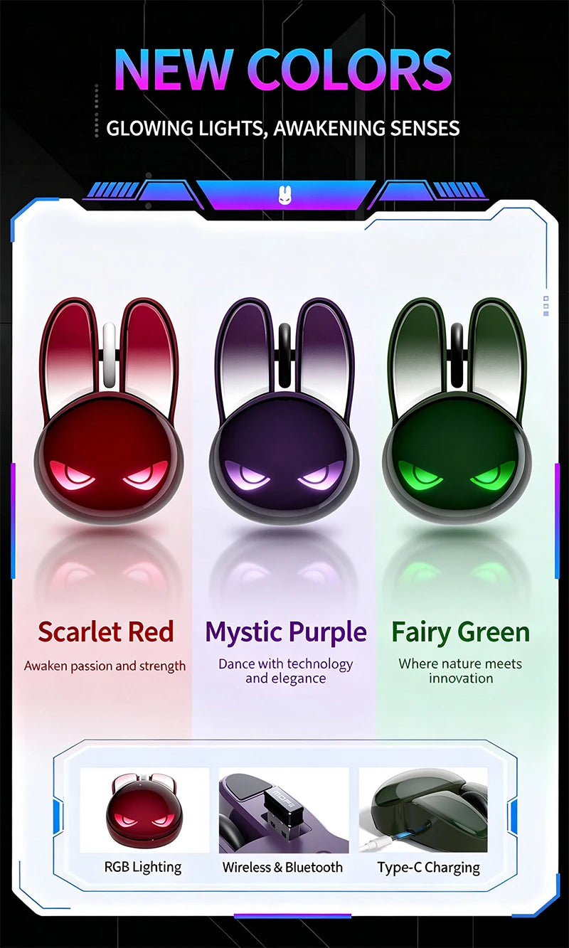 Three rabbit-shaped wireless mice in scarlet red, mystic purple, and fairy green with glowing eyes and ears.