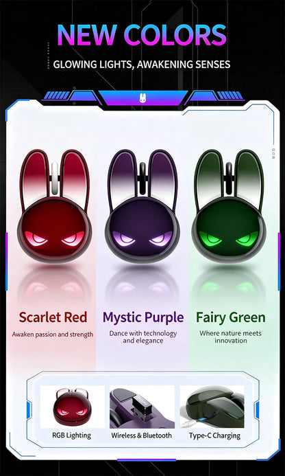 Three rabbit-shaped wireless mice in scarlet red, mystic purple, and fairy green with glowing eyes and ears.
