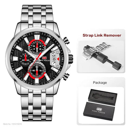 MINI FOCUS Motley Watches for Men Fashion Sport Chronograph Quartz Wristwatch with Date Luminous Hands Stainless Steel Strap Man