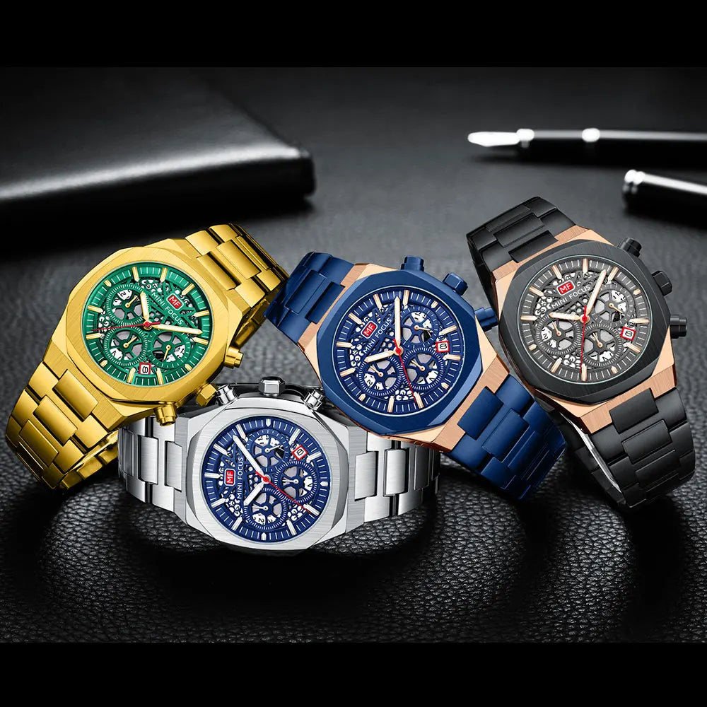 MINI FOCUS Motley Chronograph Quartz Watches Men Stainless Steel Business Sport Wristwatch with Luminous Hands Auto Date 0411