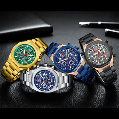 MINI FOCUS Motley Chronograph Quartz Watches Men Stainless Steel Business Sport Wristwatch with Luminous Hands Auto Date 0411
